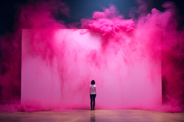 A young woman stands in front of a huge canvas spread with an explosion of pink powder. Surreal composition of art, inspiration, muse and creativity. Generative AI.