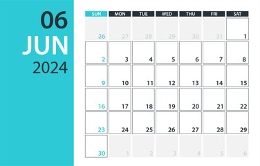 June 2024 Calendar Planner - vector illustration. Template. Mock up