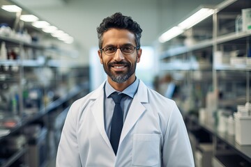 Fototapeta premium Male Indian Biotechnologist smiling at the camera, Molecular Biology Genetic engineering scientist
