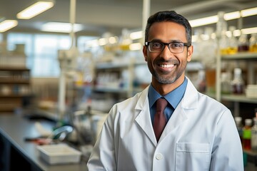 Fototapeta premium Male Indian Biotechnologist smiling at the camera, Molecular Biology Genetic engineering scientist