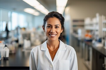 Fototapeta premium Indian Female Biotechnologist smiling at the camera, Women in STEM feminism female scientist empowerment, molecular biology genetic engineering scientist