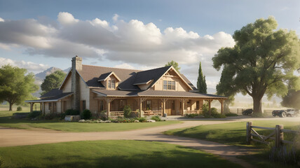 Fototapeta na wymiar country side ranch, beautiful home, realistic, detailed