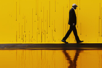 A man walks in a wet toxic environment of biohazard yellow color. Generative AI.