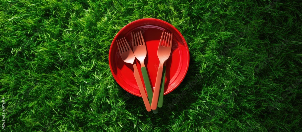Aufkleber plastic plates, forks, spoons, and knives that can be easily discarded. the tableware is red and pla