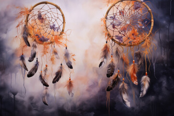Handmade dream catchers with feathers threads and beads rope close up