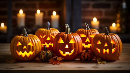 Fototapeta premium Carved jack-o'-lanterns with flickering candles, Halloween Generative AI