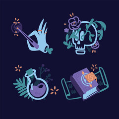 A set of pictures about magic, wizards, miracles. Magic wand, skull, spell book, potion, vector doodle simple style.