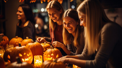 Group of friends carving pumpkins together, Halloween Generative AI