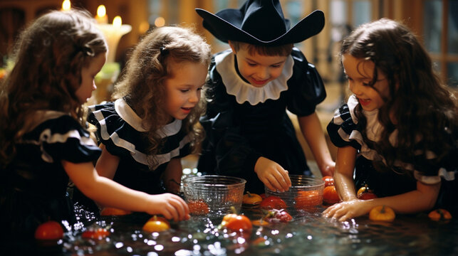 Children bobbing for apples at a Halloween party, Halloween Generative AI