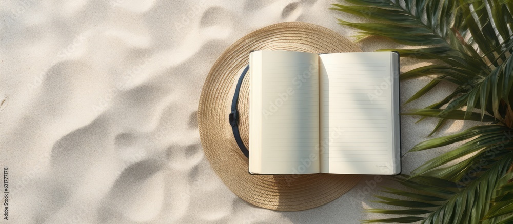 Aufkleber a writing book with beach accessories on a background, with space for writing and a flat lay setup.