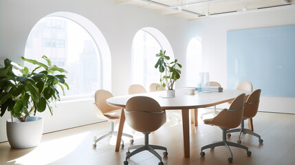 An minimalist office workspace, meeting room with natural lighting, Generative AI