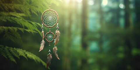  Handmade dream catcher with feathers threads and beads rope hanging in forest

 - Powered by Adobe