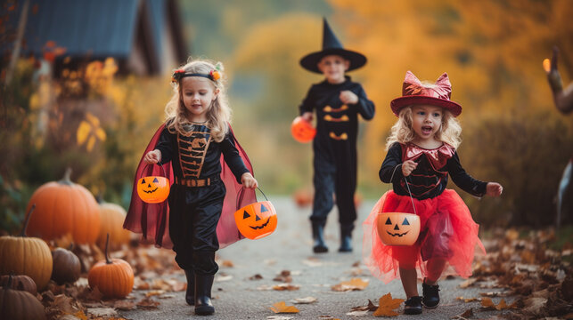 Excited kids getting ready to go trick-or-treating, Halloween Generative AI