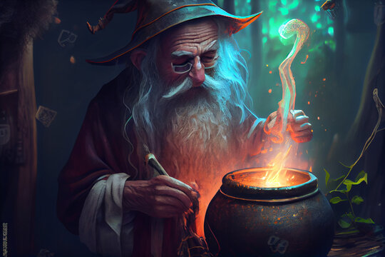 elderly alchemist monk brews magic potion
