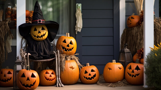 Scarecrow And Jack-o'-lanterns Decorating A Front Porch, Halloween Generative AI