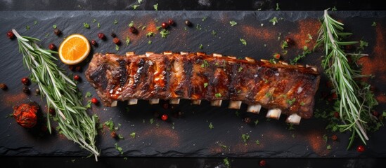 Grilled lamb ribs presentation with spices and condiments showcased from a top view on a stone table, offering enough space for adding text or additional elements.