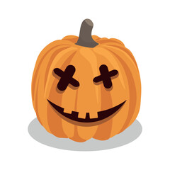 Halloween pumpkin isolated on white background. The main symbol of the Halloween celebration. Orange pumpkin with a smile. Vector illustration.