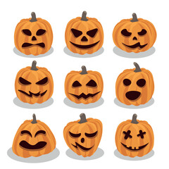 Set of orange pumpkins with different smiles for Halloween day isolated on white background. The main symbol of the Halloween celebration. Vector illustration.