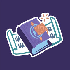 The book of spells lies on a scroll with runes, magic, sorcery, wizard. Vector doodle outline simple style.