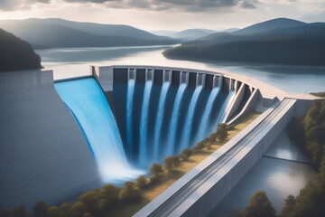 Stilisiertes Wasserkraftwerk in den Farben blau, grau und weiss.