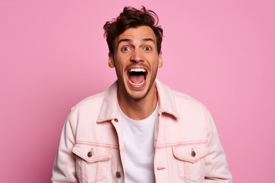 Young adult man wearing a blue denim jacket, with a white shirt in studio shots with a pink background and making various facial expressions showing various feelings