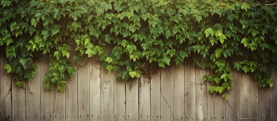 Fototapeta na wymiar Beige background with an old wooden fence covered in overgrown ivy. space for text. The fence is painted and weathered, and there are climbing green ivy plants.,