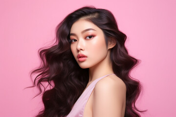 Young Asian beautiful woman Curly long hair with korean makeup style on face and clear smooth skin pointing to copy space on isolated pink background, Facial treatment, Cosmetology, plastic surgery