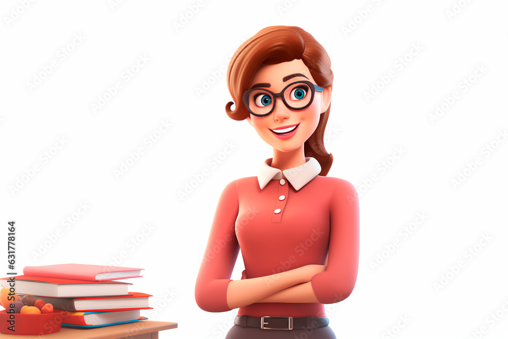 Wall mural Cartoon young woman teacher on white isolated background. Back to school