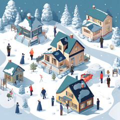 Clipart of employees of real estate companies assisting clients with winter property purchases Generative AI