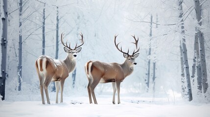 Naklejka na ściany i meble Noble deer male and female in winter snow forest Generative AI