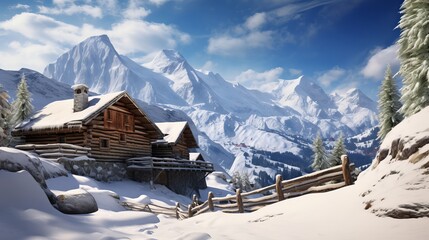Traditional mountain cabin in the Alps in winter Generative AI - obrazy, fototapety, plakaty