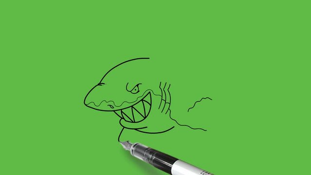 draw aquatic animal fish with black outline on abstract green screen background    
