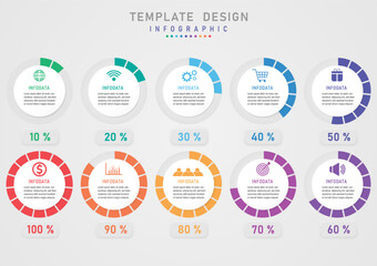 infographic template circle divided into multi colored sections The button below has a percentage number. In the middle of the white circle there are letters and icons with a gray gradient background. - obrazy, fototapety, plakaty