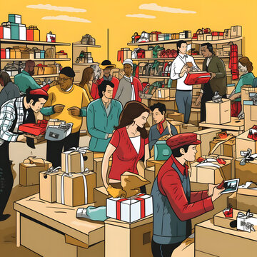 Clipart of employees of retail companies conducting inventory and stocking up for holiday sales Generative AI