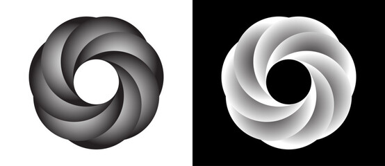 Circle with segments and gradients. Logo or icon for any project. Black shape on a white background and the same white shape on the black side.