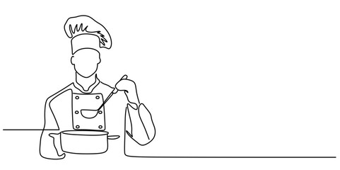 continuous line drawing of chef preparing food
