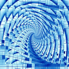 twisted blue and white striped patterned structure to a central vanishing point in spiraling design
