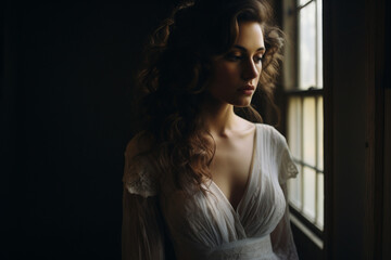 a portrait of a bride before her wedding, dark light photography