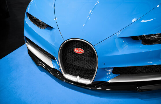 Front part of blue Bugatti Chiron hypercar. Close up shot of very expensive and rare car. Essen, Germany - December 09 2017.