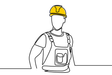 Single continuous line drawing of young construction worker. Building architecture business concept. One line draw design transparent background PNG	