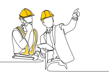 Foto auf Acrylglas Eine Linie Single continuous line drawing of young construction manager giving instruction to builder coordinator at site meeting. Building architecture business concept. One line draw design vector