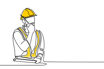 Single continuous line drawing of young construction worker. Building architecture business concept. One line draw design transparent background PNG	