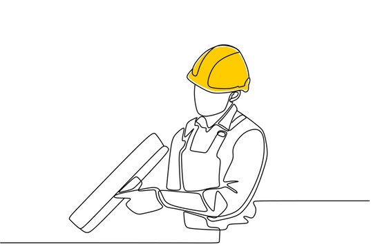 Single continuous line drawing of young construction worker. Building architecture business concept. One line draw design vector	
