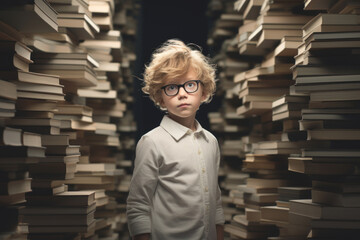 A passionate young reader is standing amidst a gigantic pile of books,back to school in world book day concept