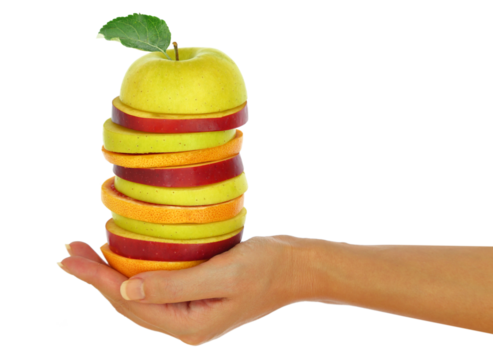 Healthy food, Fresh fruits slices stack on a female hand isolated on white transparent background, PNG