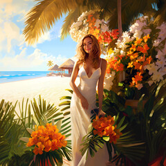 Naklejka premium Illustration of a beautiful woman on vacation on a tropical island