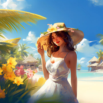 Illustration of a beautiful woman on vacation on a tropical island