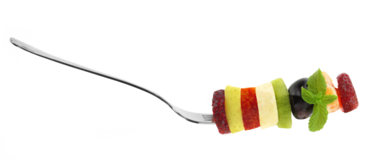 Healthy lifestyle, Fresh fruits slices and a fork isolated on white transparent background, PNG