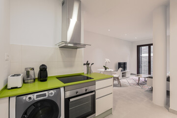 Bright stylish kitchen-living room with panoramic windows and doors with green and white design and high-tech appliances and stylish furniture. Concept stylish laconic minimalistic space