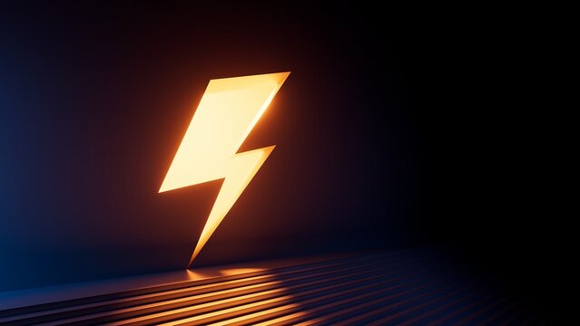 3d Rendering, Abstract Minimalist Background. Bright Warm Orange Light. Lightning Symbol, Thunder Sign. Simple Geometric Power Shape Glowing In The Dark